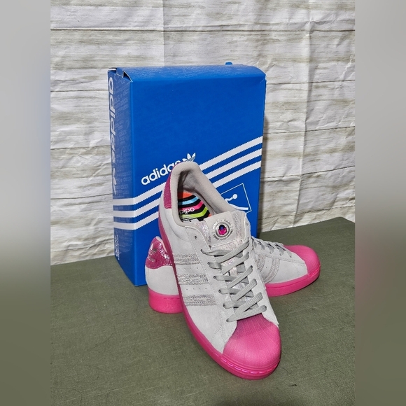 Adidas Superstars ASW Women's Gray suede Sneakers with Pink Sole - Picture 3 of 14